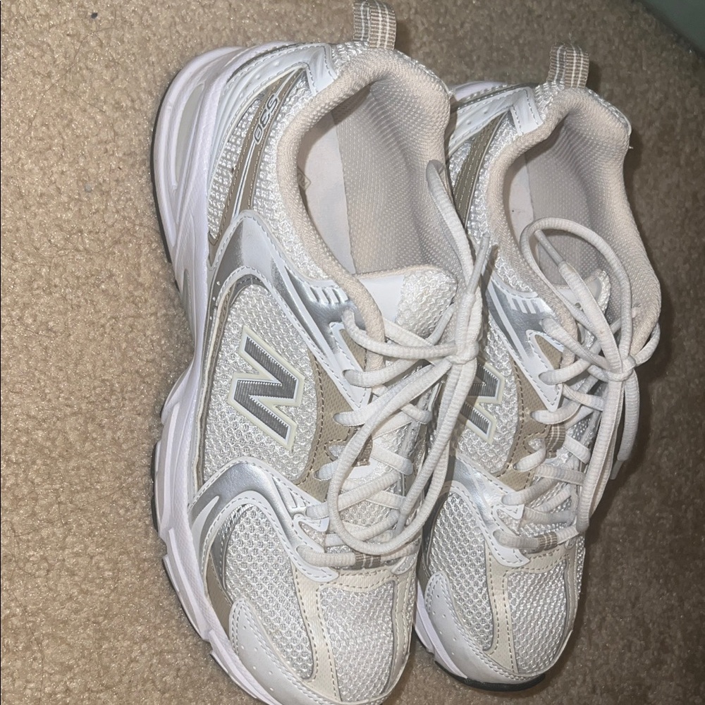 New Balance White and Silver Athletic Shoes